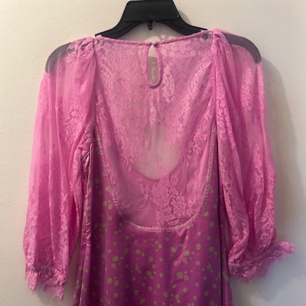 Free People About That Mini Barbie Pink Lace Polka Dot V Neck Mini Dress NWT - Picture 14 of 16